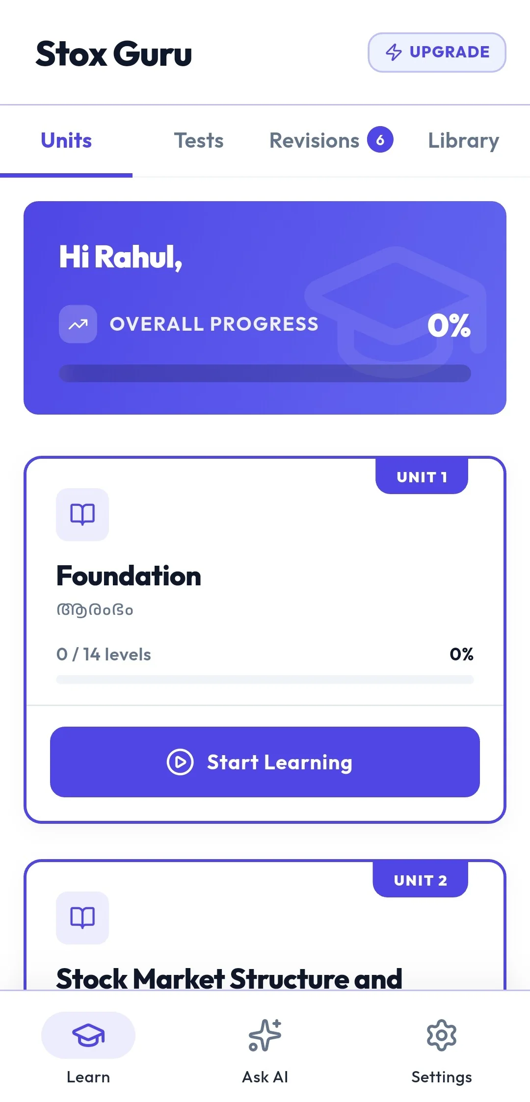 Stox Guru App Learn Screen