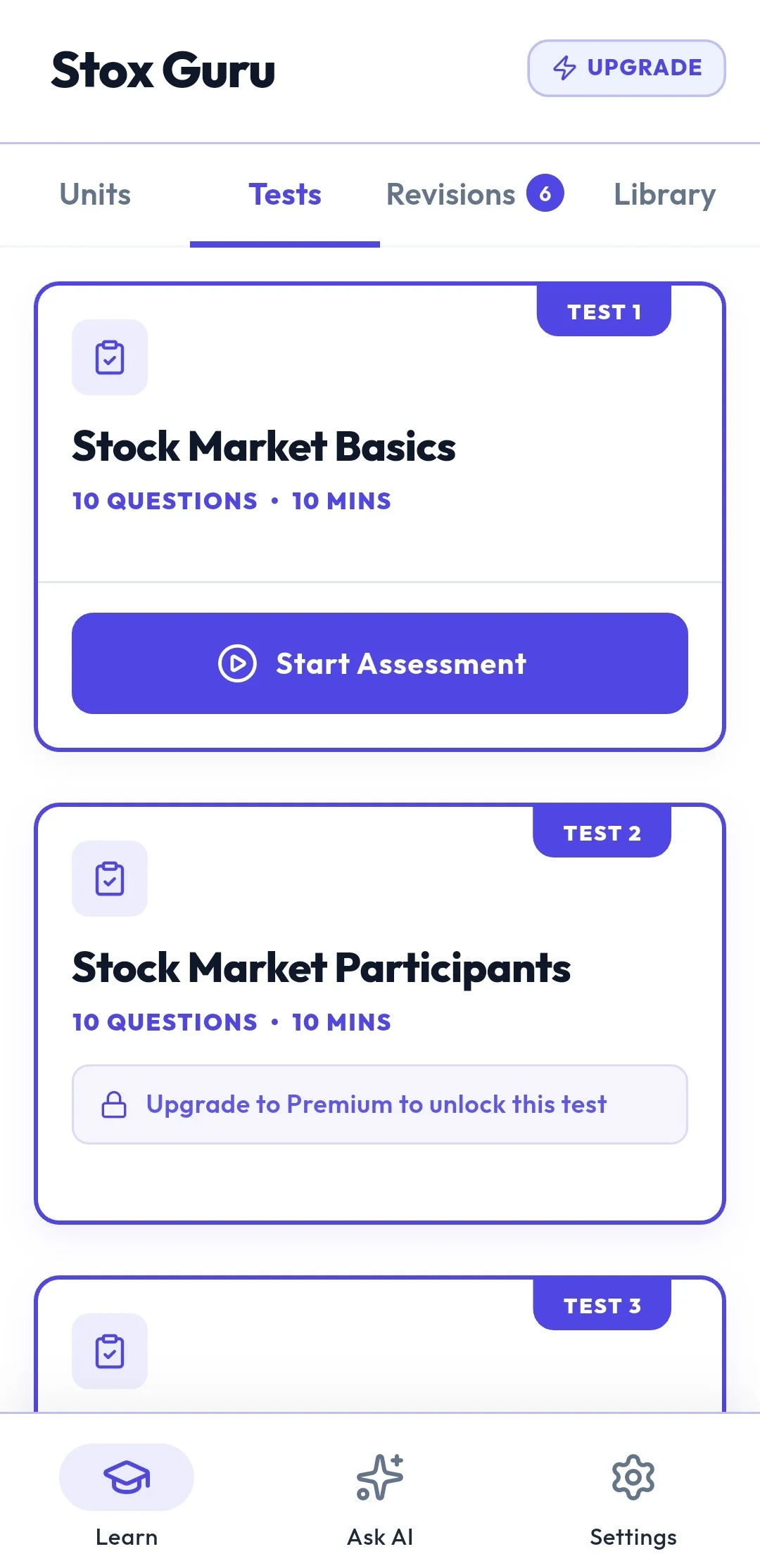 Stox Guru App Timed Assessments Screen